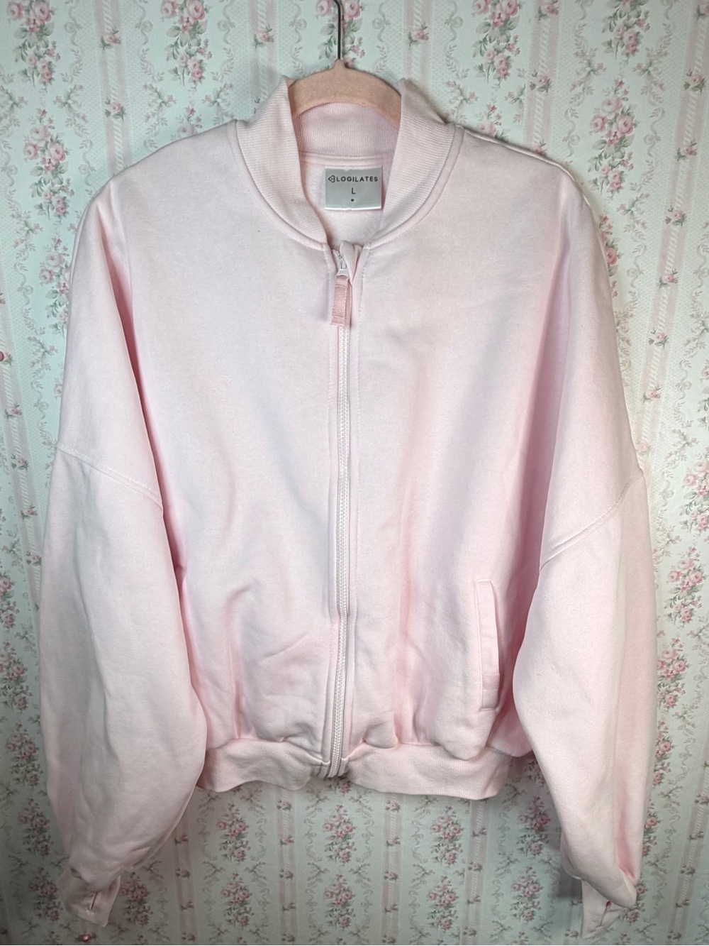 Blogilates POPFLEX Full Zip Bomber Jacket Pink Oversized Fleece Sz L Casey Ho
